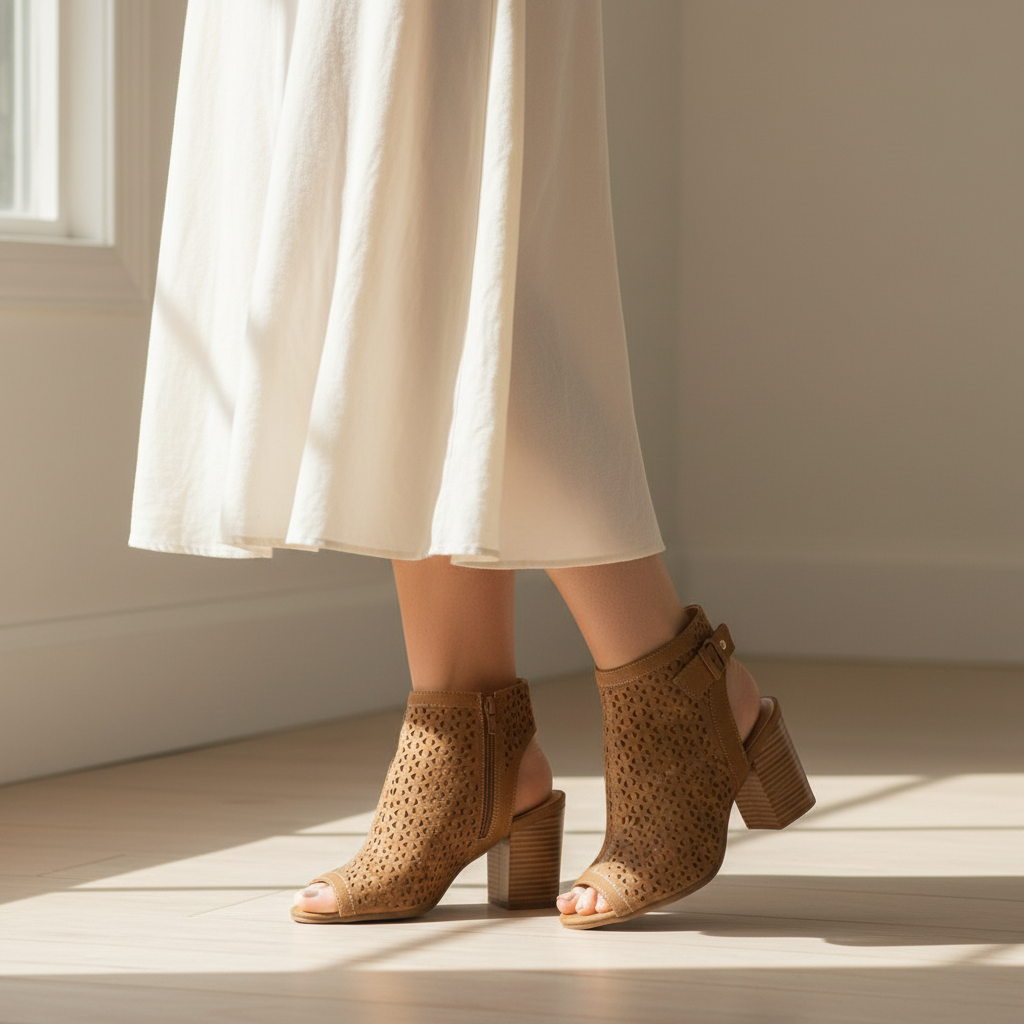 Women's tan perforated slingback block heel bootie worn with cream midi skirt in soft indoor natural light