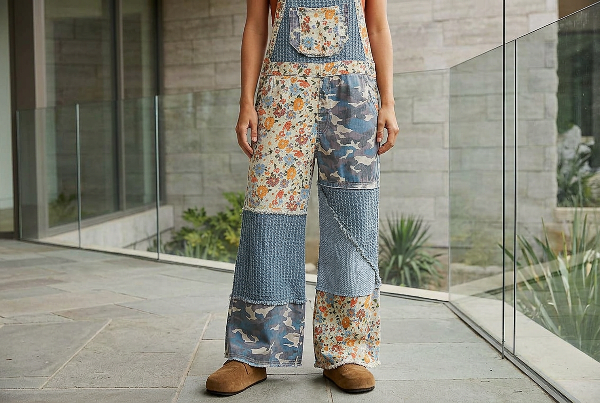 Wide legs of blue patchwork overalls with floral and camouflage panels, shown with brown clogs on a terrace.