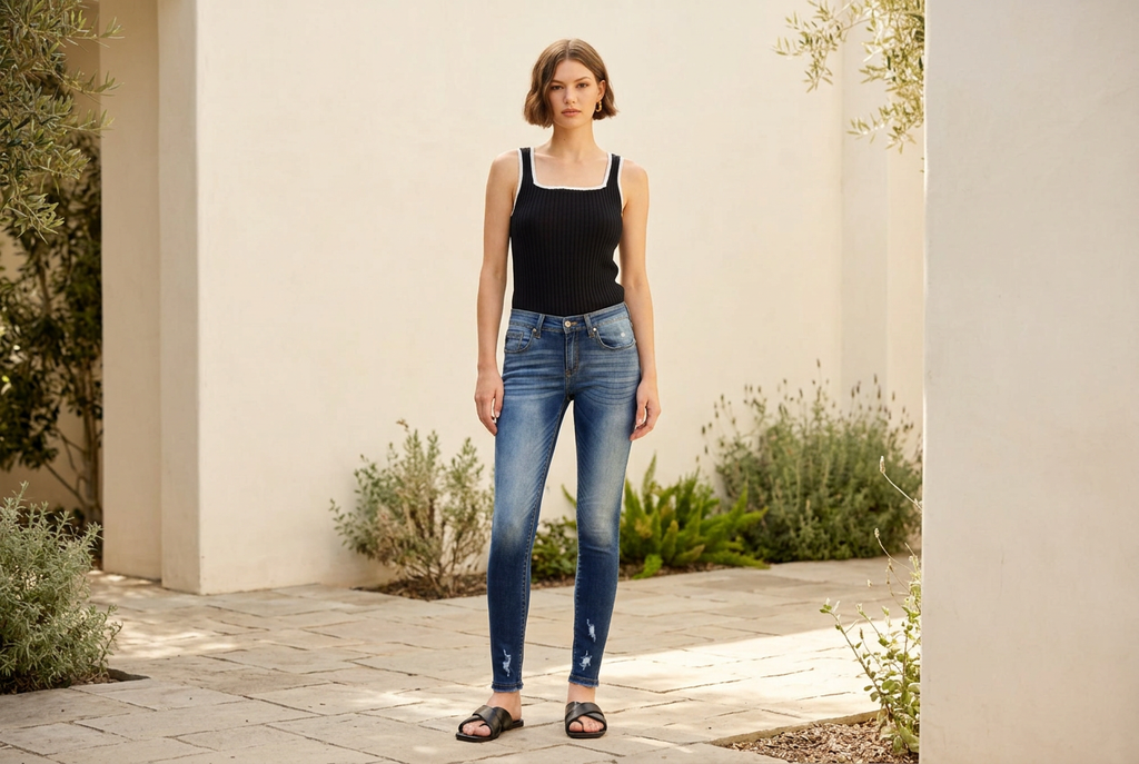 KanCan dark wash super skinny jeans with faded thighs and lower-leg distressing, worn in a sunlit courtyard.