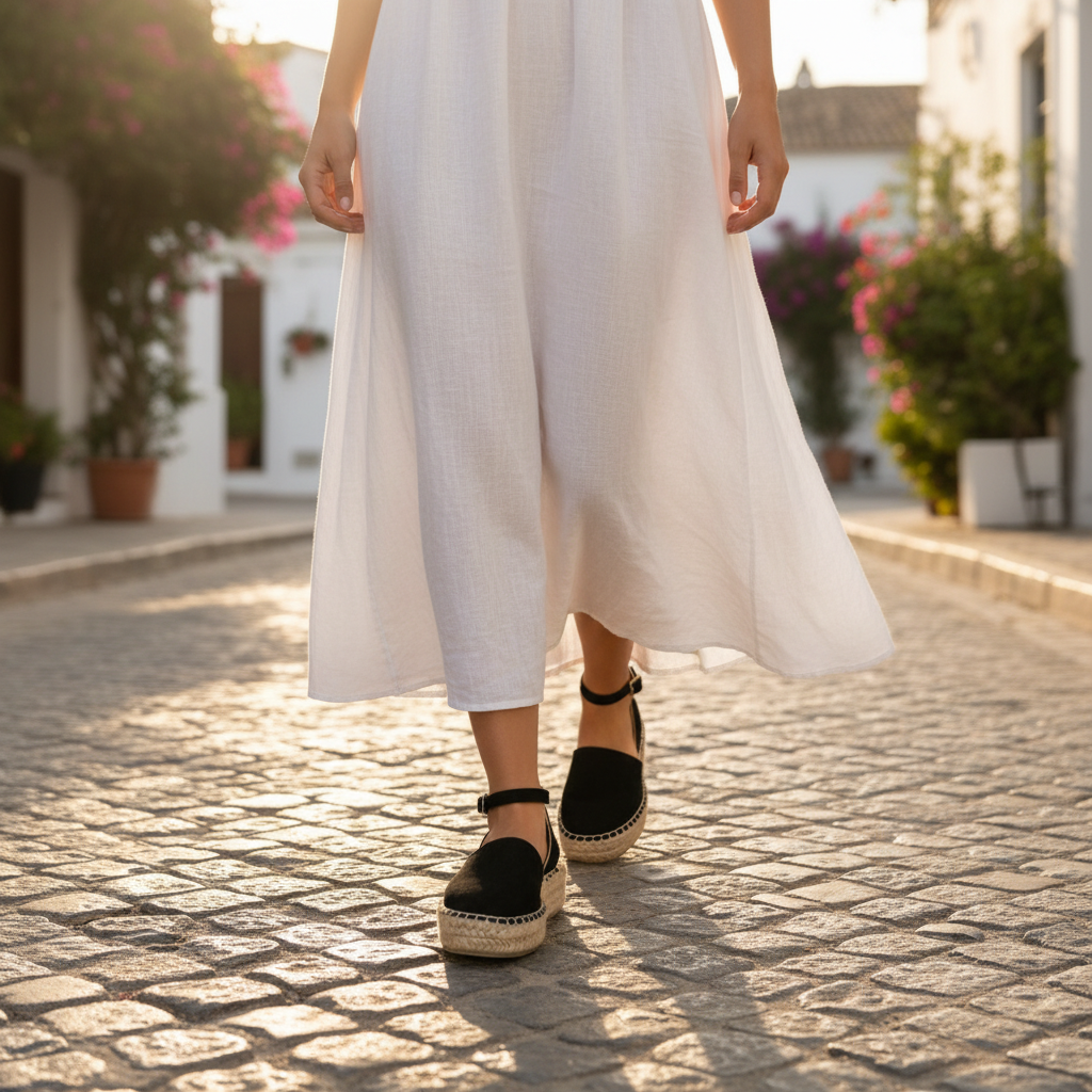 Women's black suede closed toe espadrille flatform sandals with ankle strap styled with linen sundress for a summer Mediterranean street look