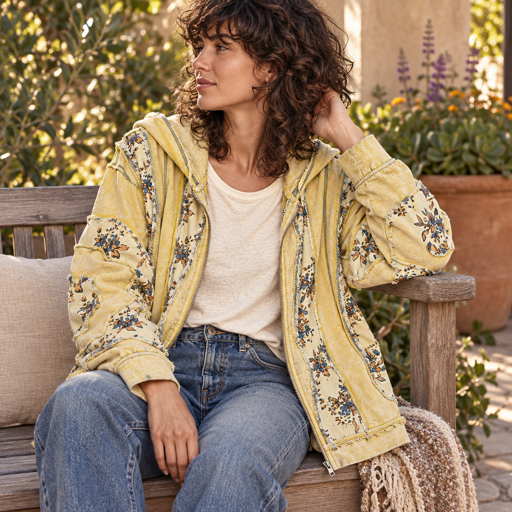 POL Clothing women's lemon floral patchwork zip-up hoodie styled with jeans on a garden patio bench