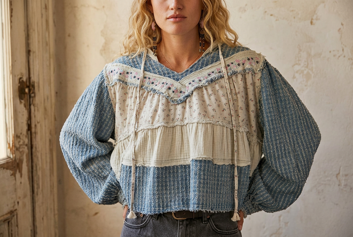 Front detail of a blue hooded pullover with embroidered V-shaped trim and gathered cream floral panels.