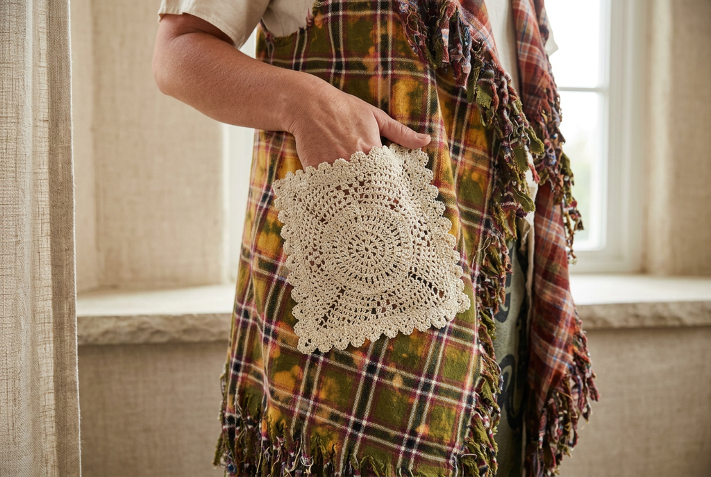 Close-up of the cream crochet pocket and olive plaid on a reversible vest beside a sunlit window.