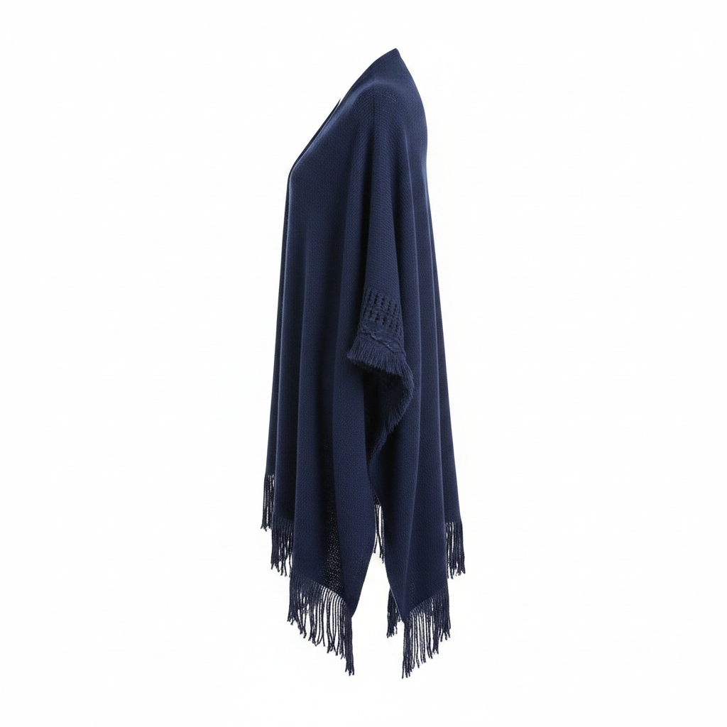 Women's navy open-knit wrap cardigan, side profile, floor-length batwing sleeve, frayed fringe trim
