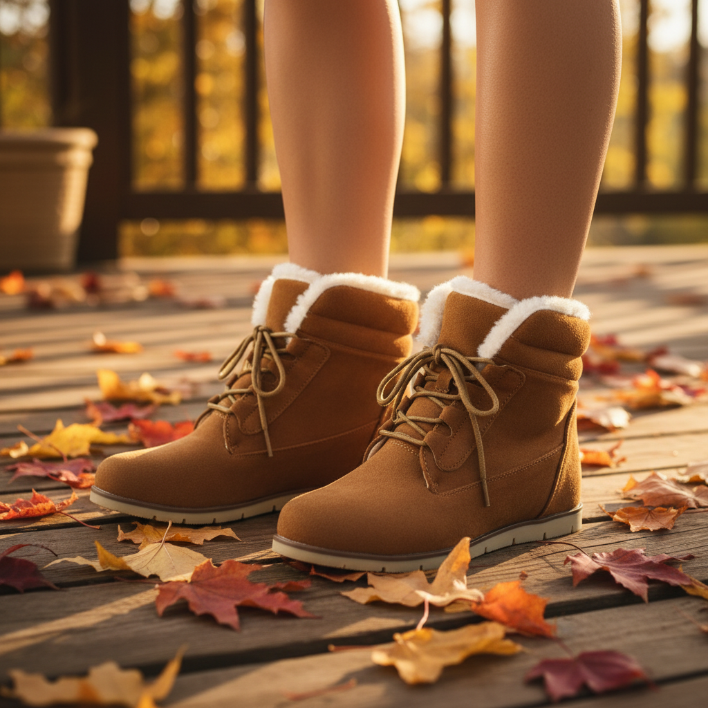 Woman wearing camel suede sherpa-lined ankle boots on rustic wooden deck with autumn leaves, golden hour light
