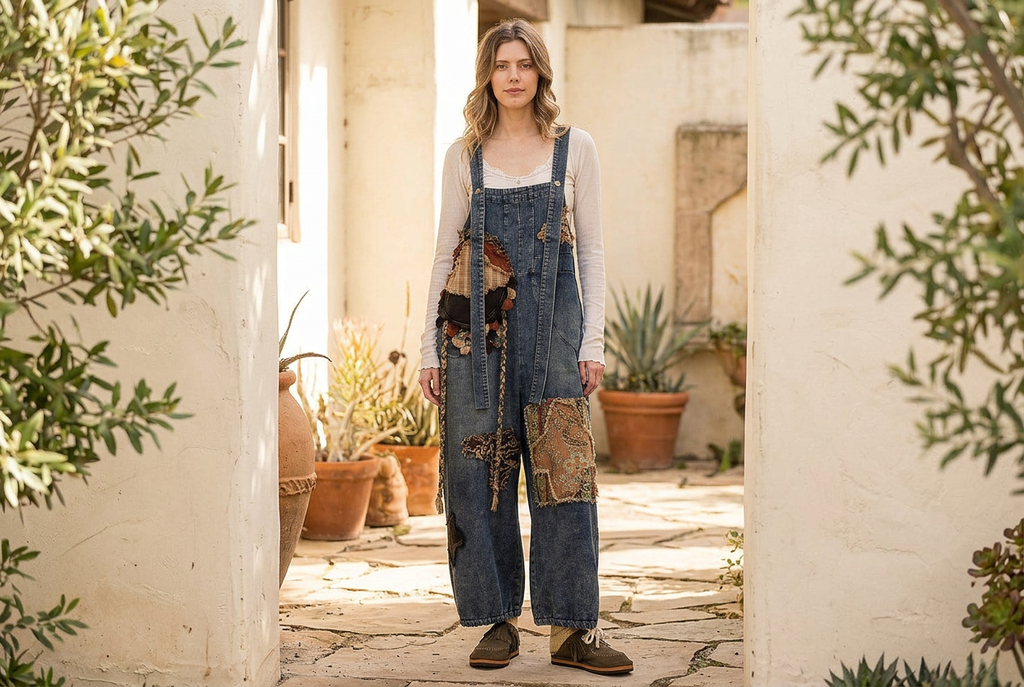 Blue Velvet patchwork denim overalls with earth-tone panels, styled over an ivory top in a sunlit courtyard.