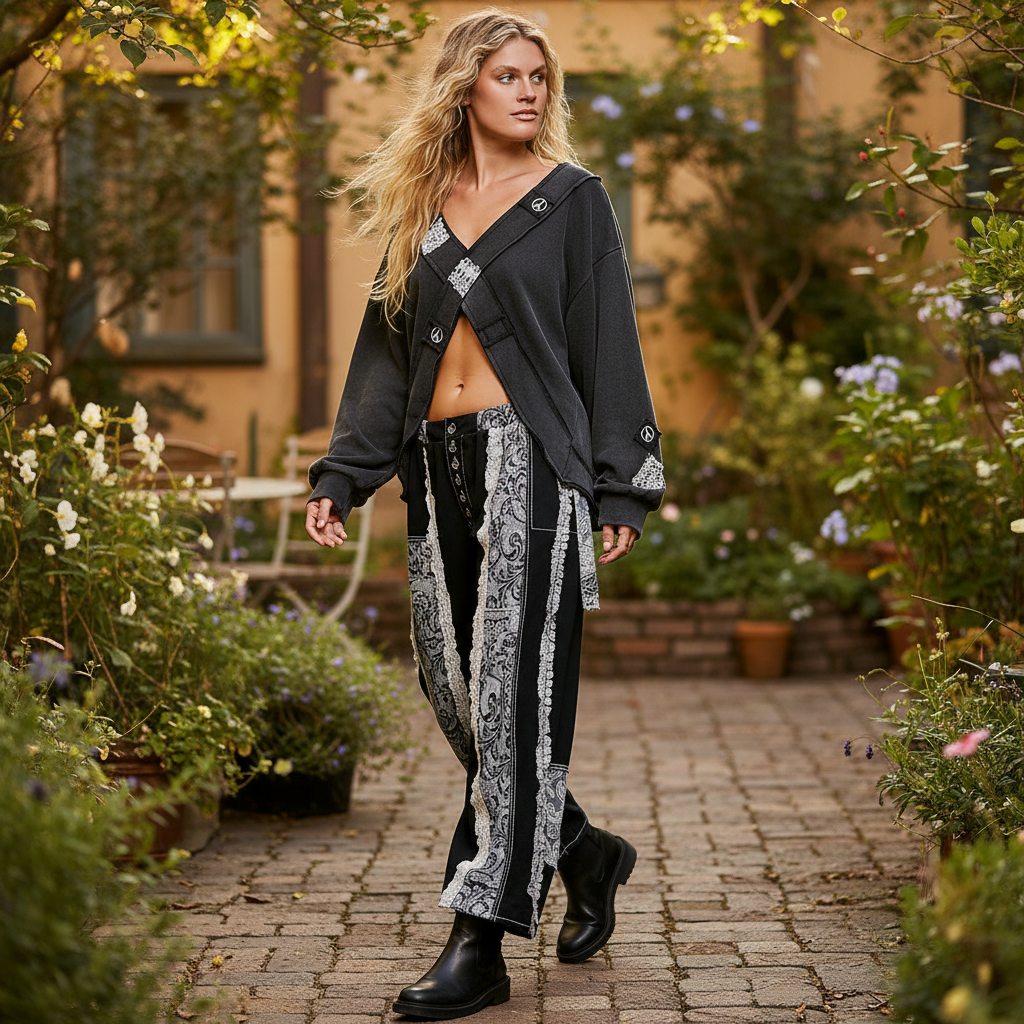 POL Clothing women's charcoal wrap sweatshirt top with baroque lace detail, walking garden patio outfit