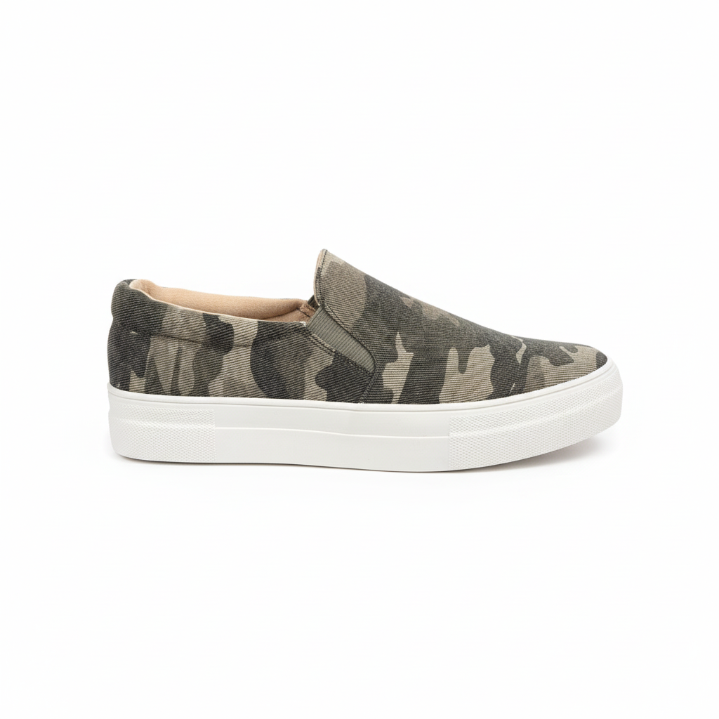 Khaki camo platform sneakers side profile professional product photography