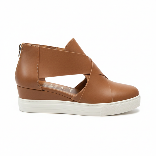 Tan crossover strap sneaker side profile