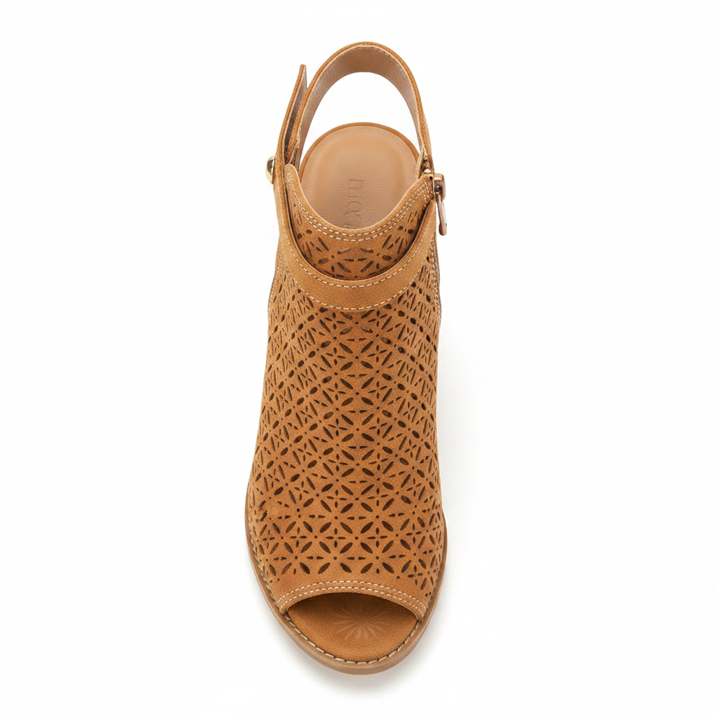 Overhead top view of tan perforated peep-toe slingback bootie showing laser-cut pattern and open slingback gap