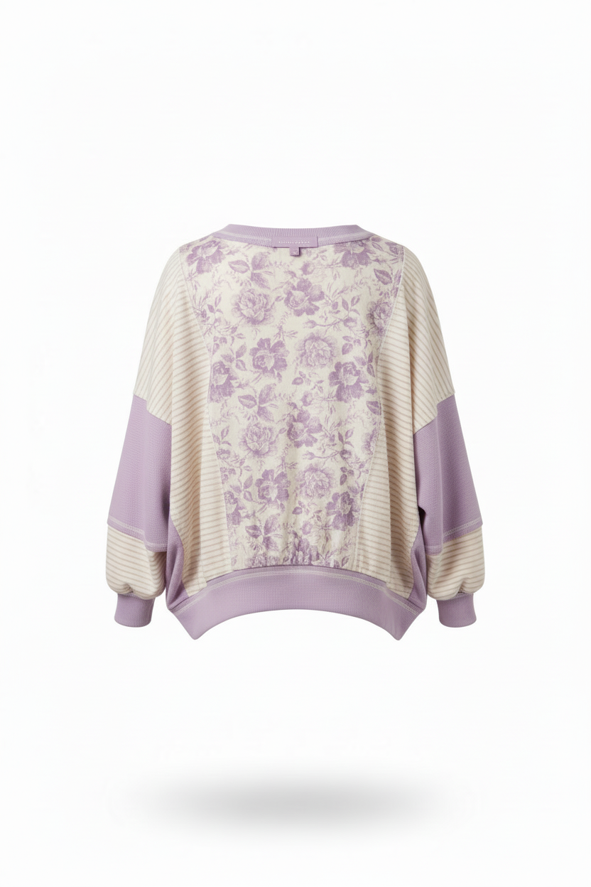 Colorblock Stripe Mix Top Lavender/Ivory - Back view showing full floral print panel