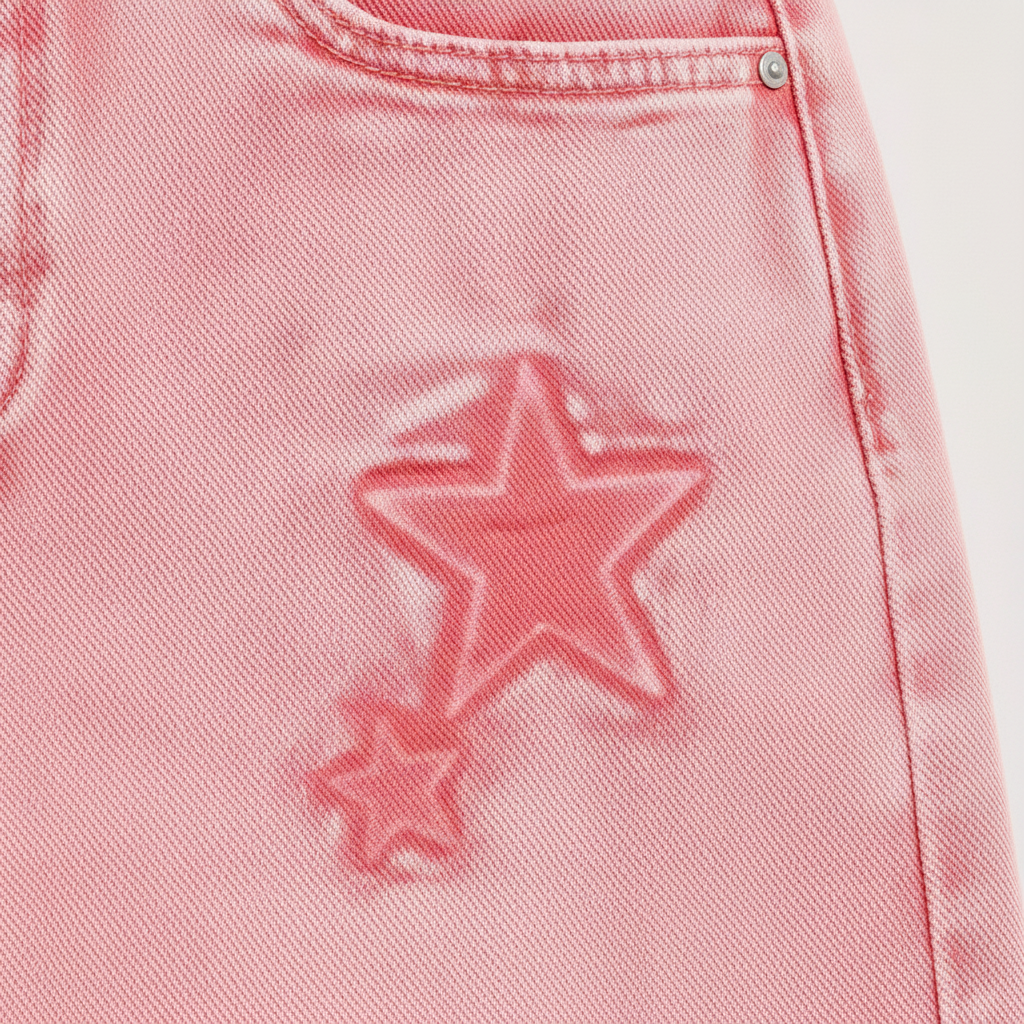 Women's pink acid-wash denim close-up tonal star appliqué texture and fabric detail