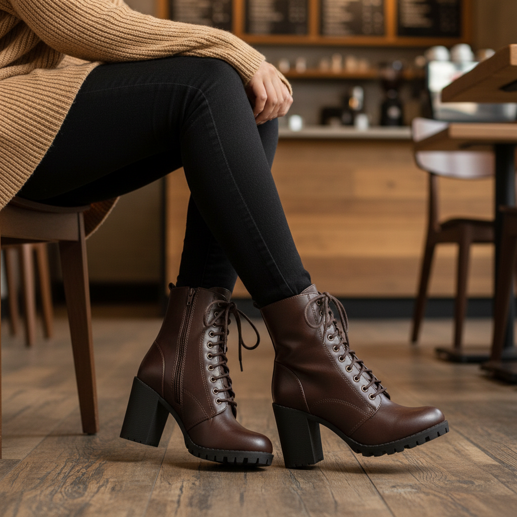 Women's brown block heel combat bootie with side zipper styled with black jeans and camel knit sweater in cozy coffee shop