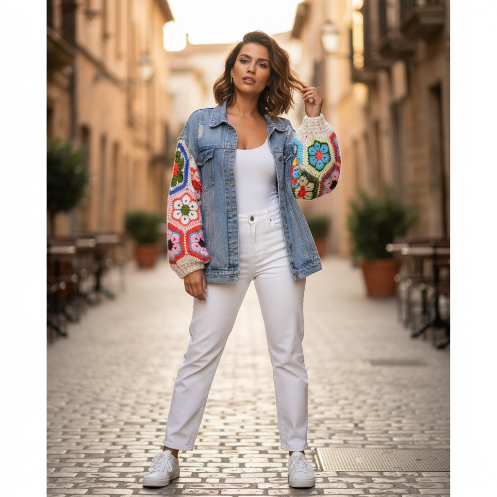 Women's light blue denim jacket cream floral granny square crochet sleeves street style white jeans - BellanBlue