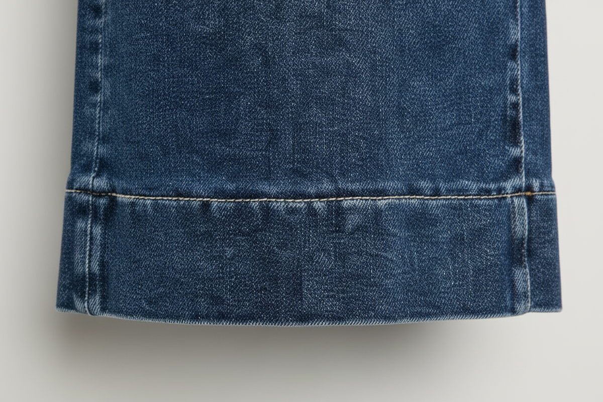 Risen Jeans dark wash denim culotte close-up cuffed hem gold contrast topstitching detail - BellanBlue