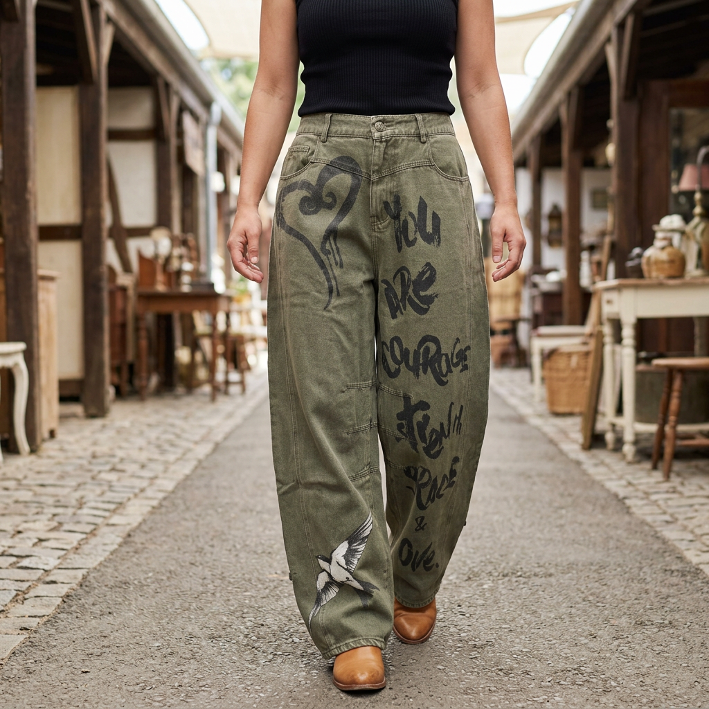 Woman walking through an antique market in olive graphic barrel jeans, a black top, and tan boots.