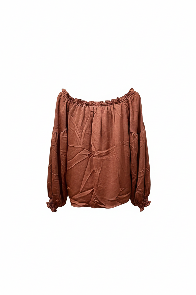 Terracotta ruffle off-shoulder blouse back view showing silhouette and sleeve details