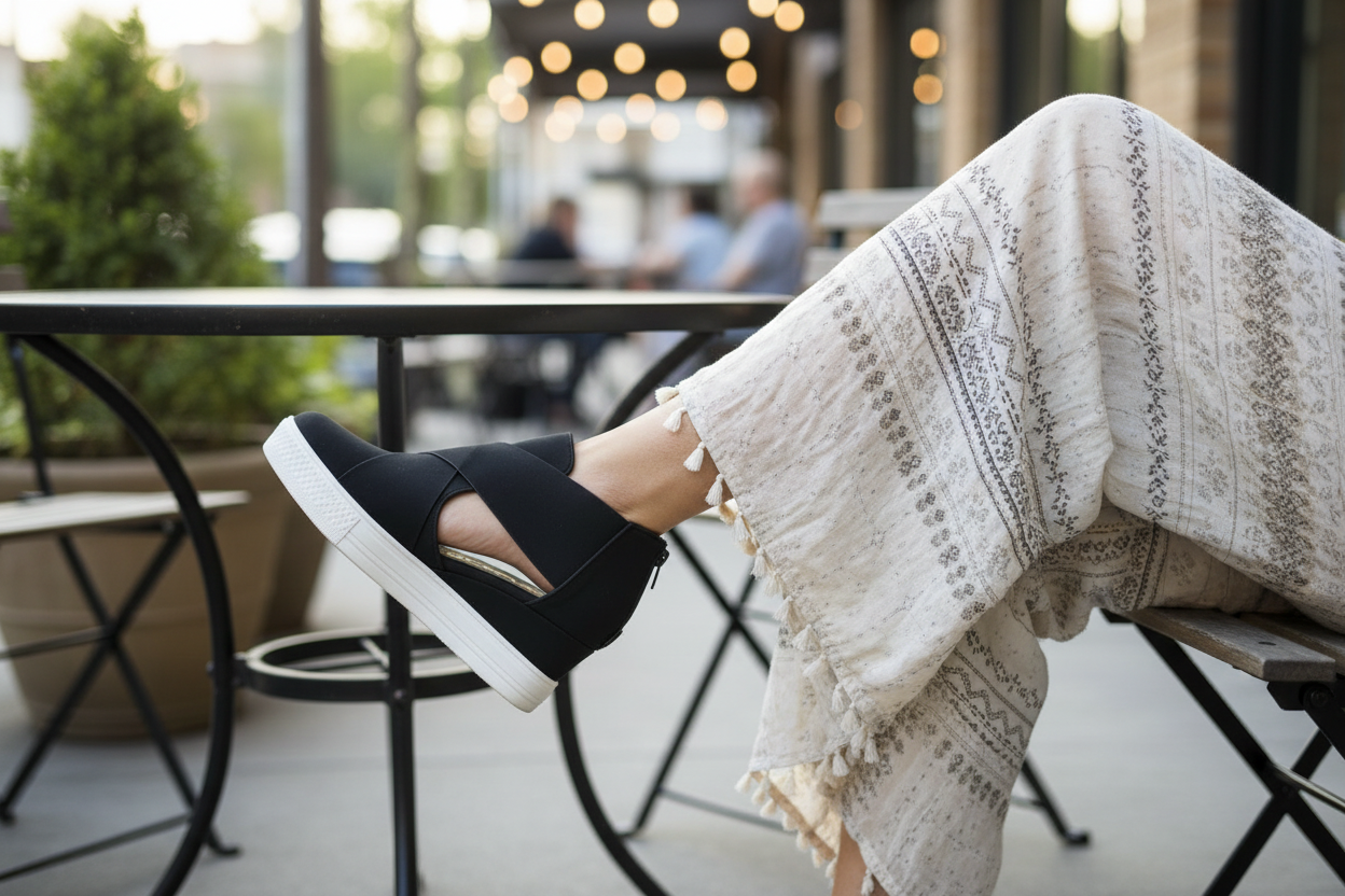 Close-up of black slip-on sneakers with crisscross straps at outdoor cafe - lifestyle detail shot