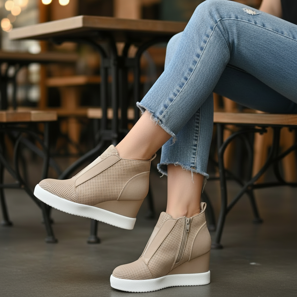 A women seated at a cafe table wearing beige wedge ankle boots with side straps and white soles, paired with light blue frayed-hem jeans.