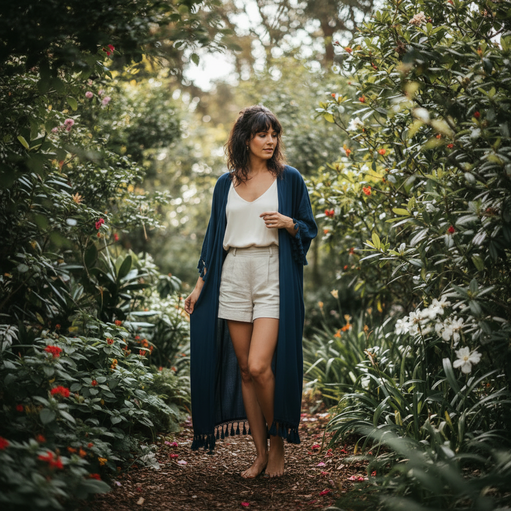 Navy women’s longline tassel trim kimono wrap styled in garden setting
