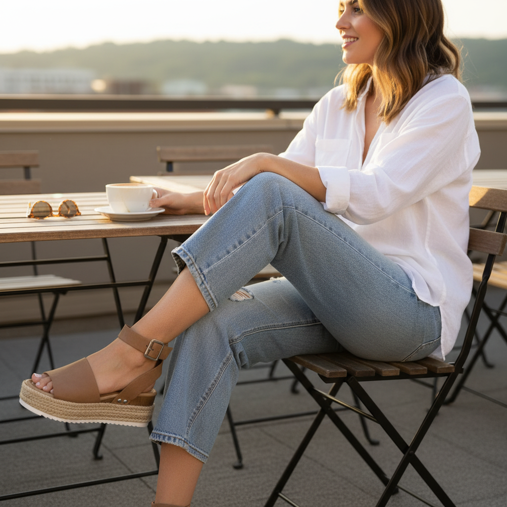 Women's caramel brown espadrille platform sandals with jute sole styled with light wash jeans outdoor café summer look