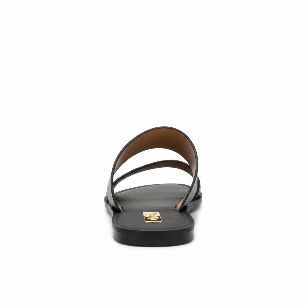Women's leopard print double-strap flat slide sandal back view showing black leather ankle strap white background - BellanBlue