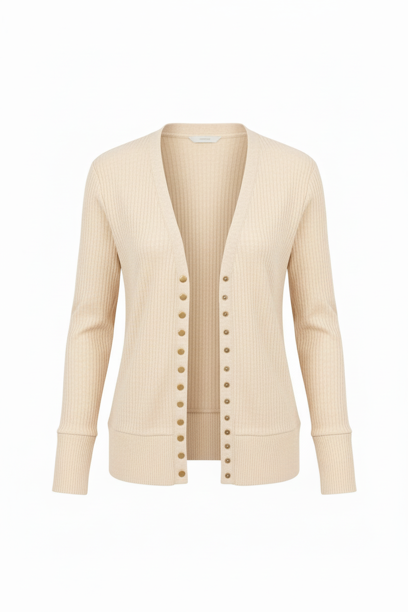 Soft ribbed snap button cardigan in ivory cream with 13 decorative buttons, front view showing ribbed knit texture