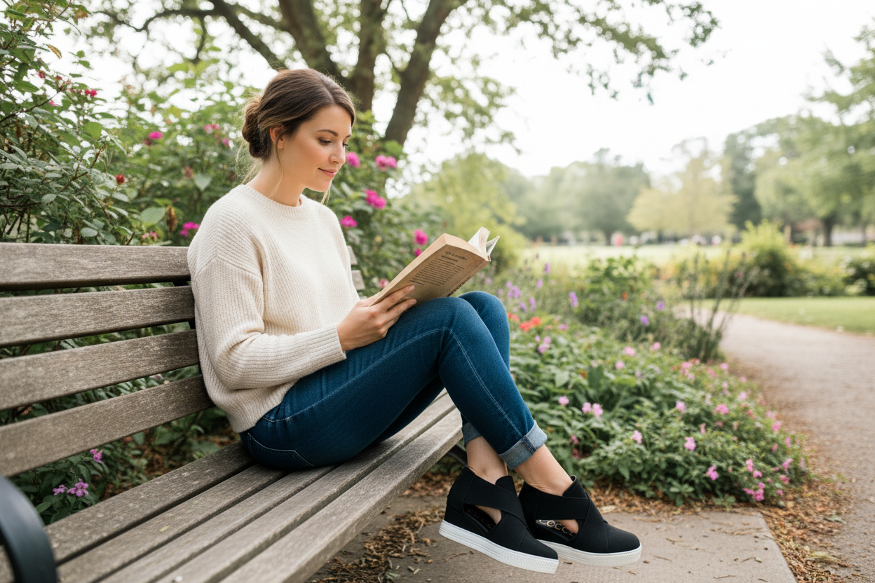 Woman relaxing on park bench wearing black slip-on sneakers with crisscross straps - comfortable everyday wear