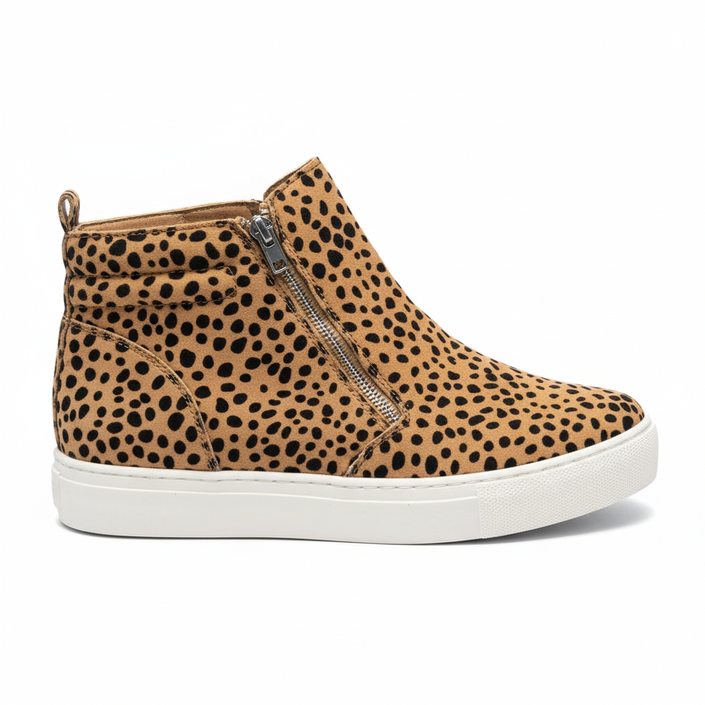 Women's leopard print high-top sneaker with dual side zippers - side view on white background