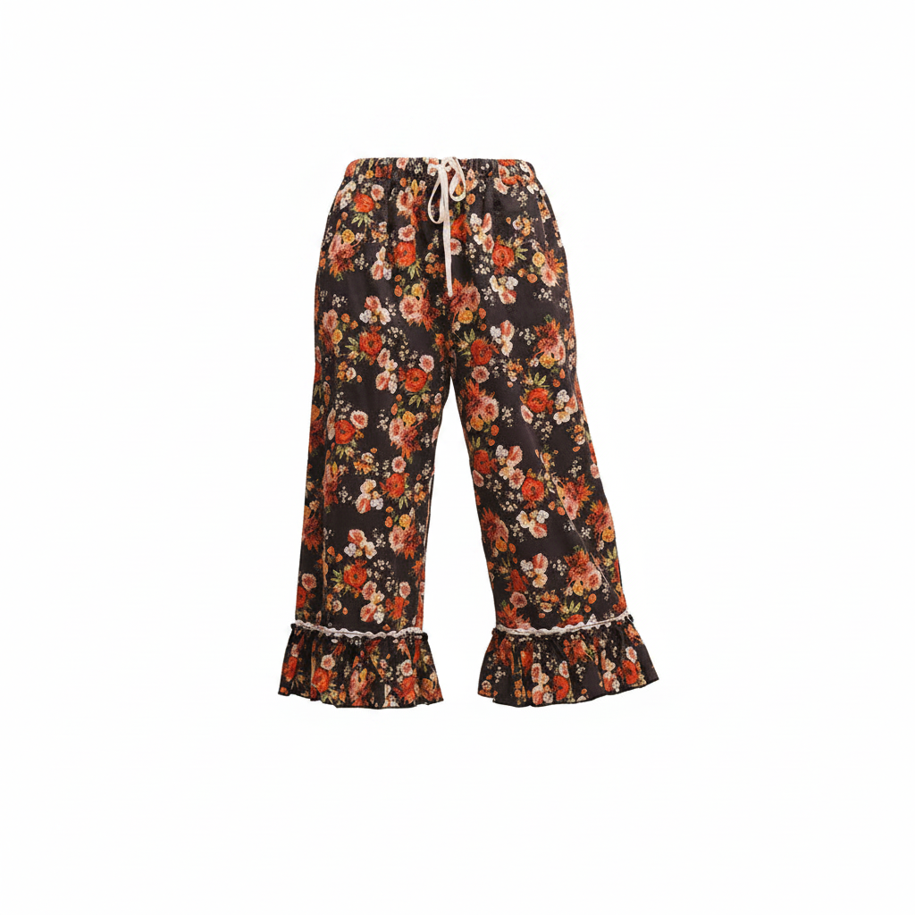 Women's dark brown floral wide-leg capri pants, front view showing drawstring waist and ruffle hem