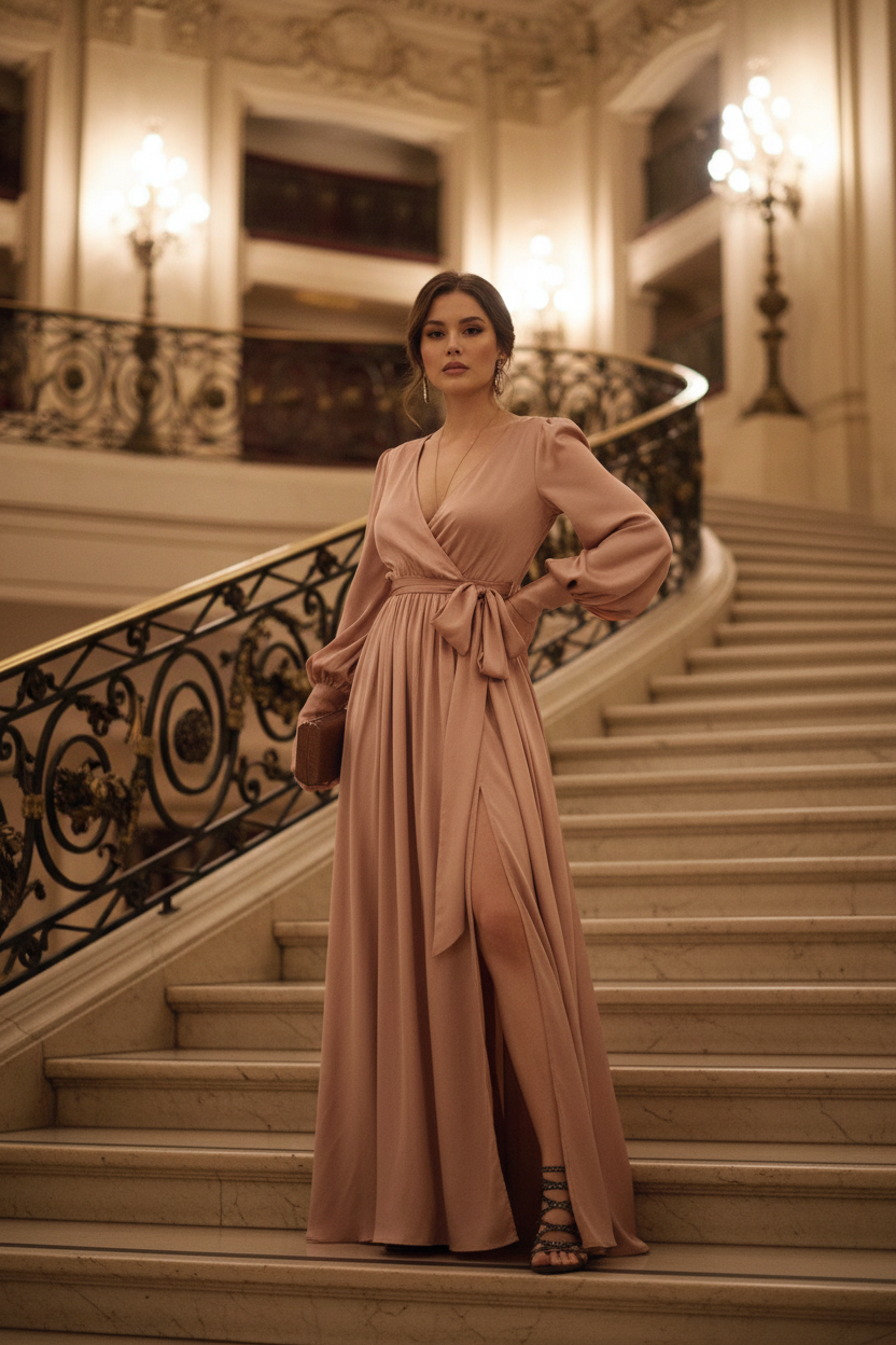Champagne satin wrap maxi dress at formal evening event
