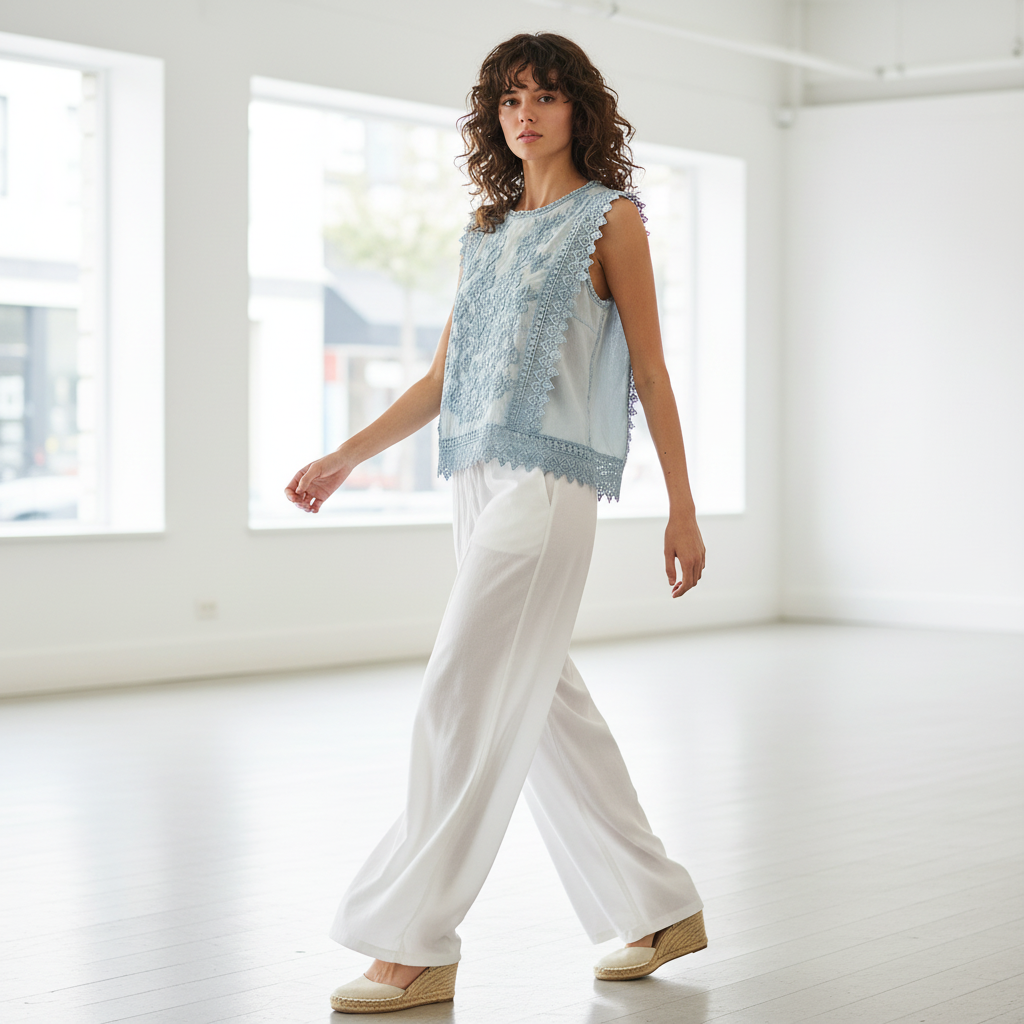 Women's light denim blue floral embroidery sleeveless top in motion, relaxed crop fit
