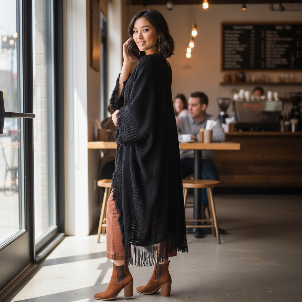 Women's black fringe ruana wrap styled with rust trousers, oversized open-knit cardigan – BellanBlue
