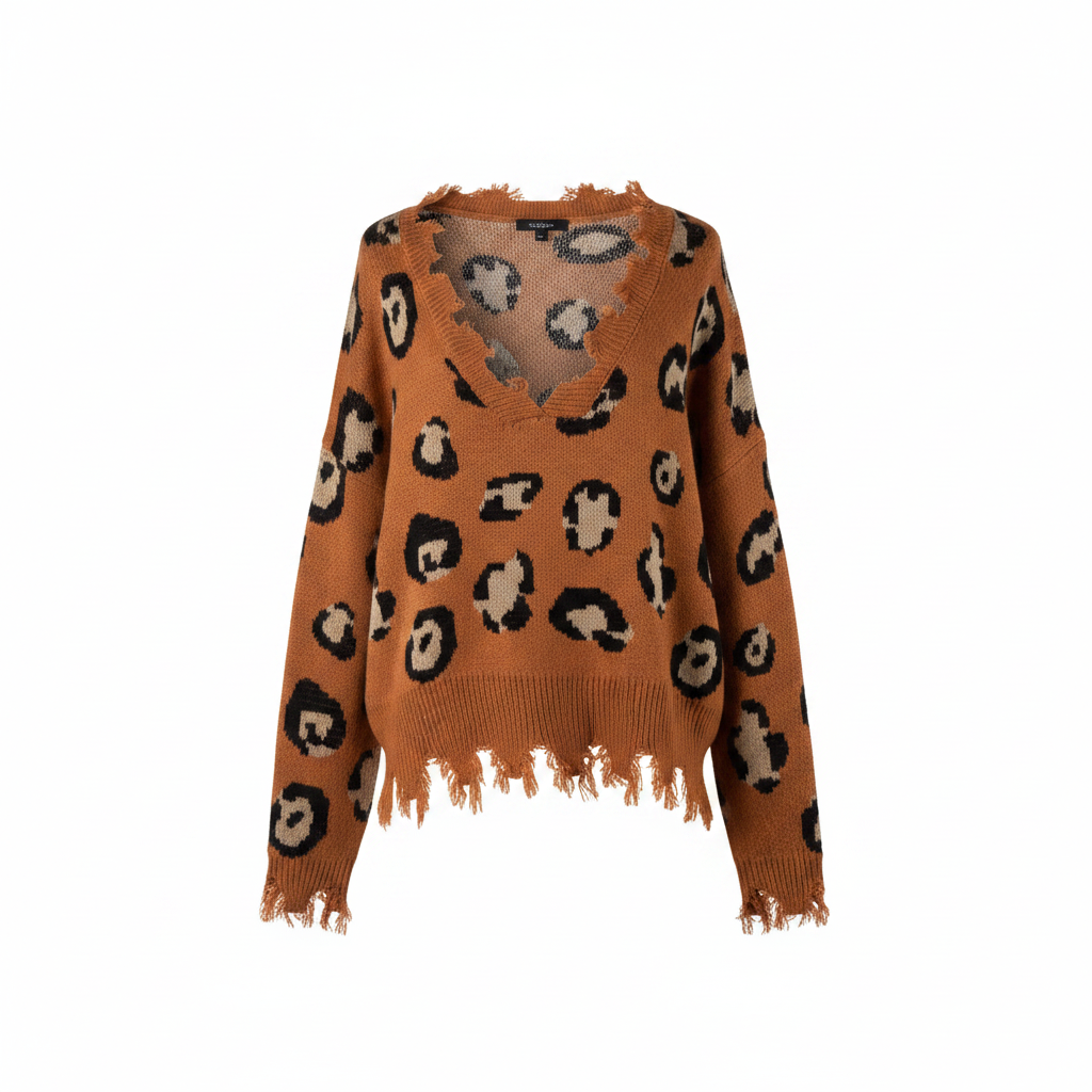 Women's camel leopard print distressed knit sweater, ghost mannequin front, frayed V-neckline, oversized fit