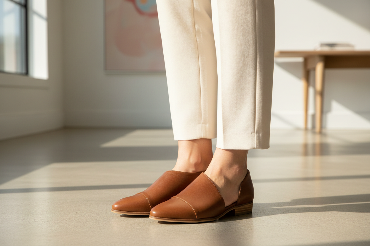 Women's cognac leather D'Orsay cutout flats with pointed toe and low stacked heel editorial close-up — BellanBlue