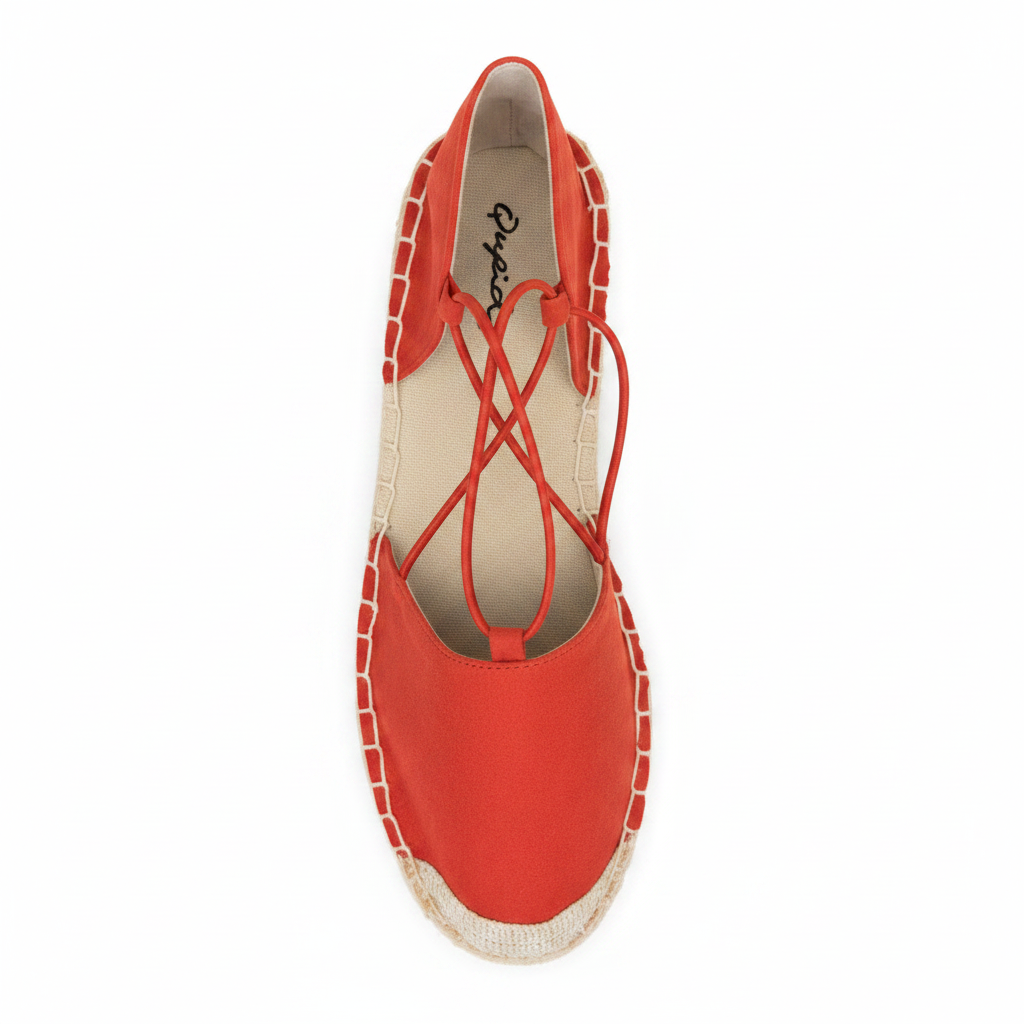 Blood orange lace-up espadrille flat, top-down view showing D'Orsay upper, cross-tie laces, and tan cushioned footbed, white background