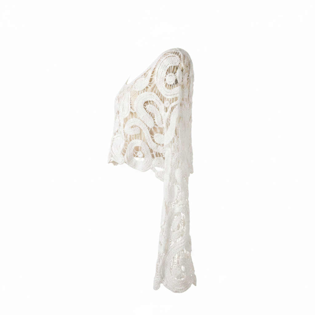 Women's white crochet crop top side profile showing full bell sleeve length and scalloped fringe hem