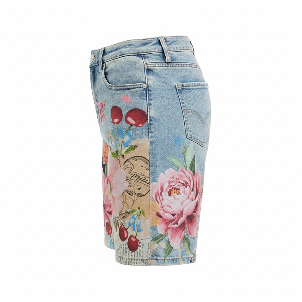 Women's high-rise floral print denim shorts side profile mid-thigh length cuffed hem