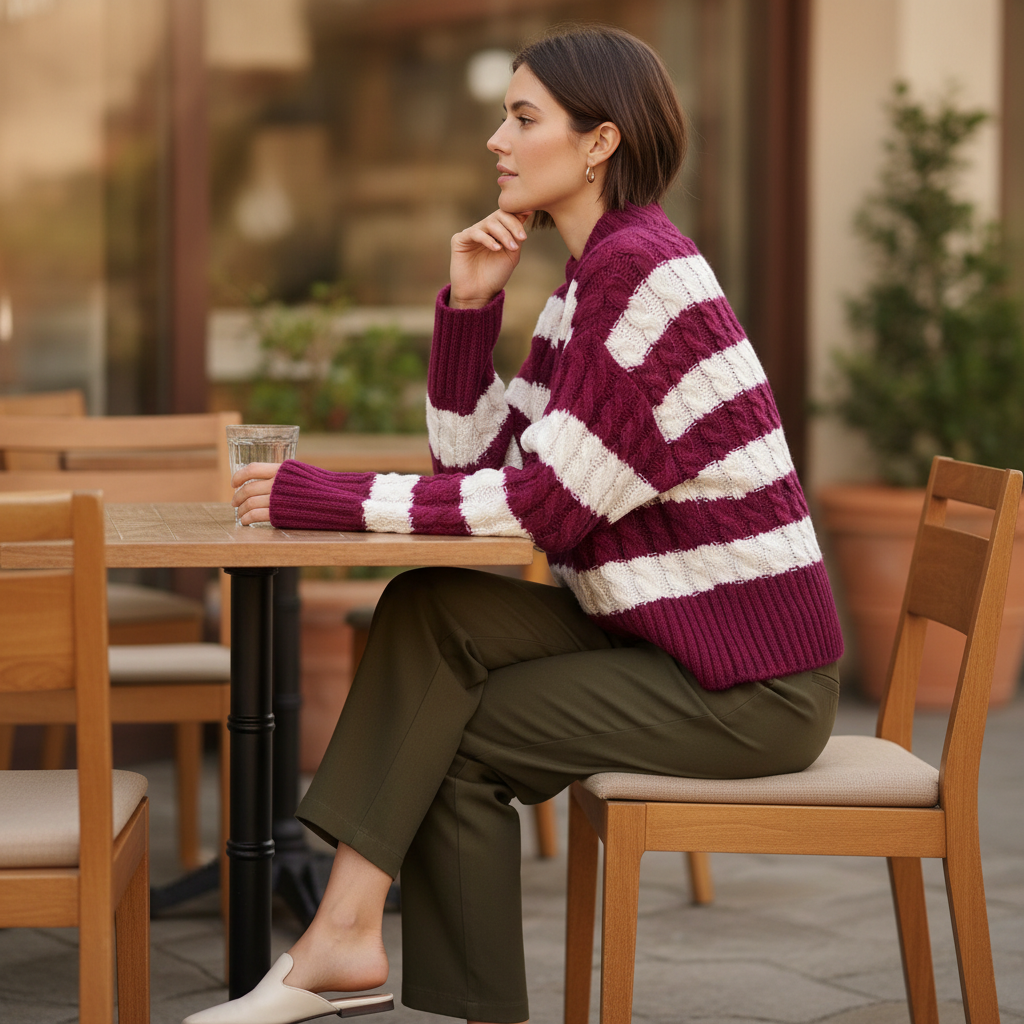 Love Tree women's violet cream cable knit striped mock neck sweater seated café patio brunch styling