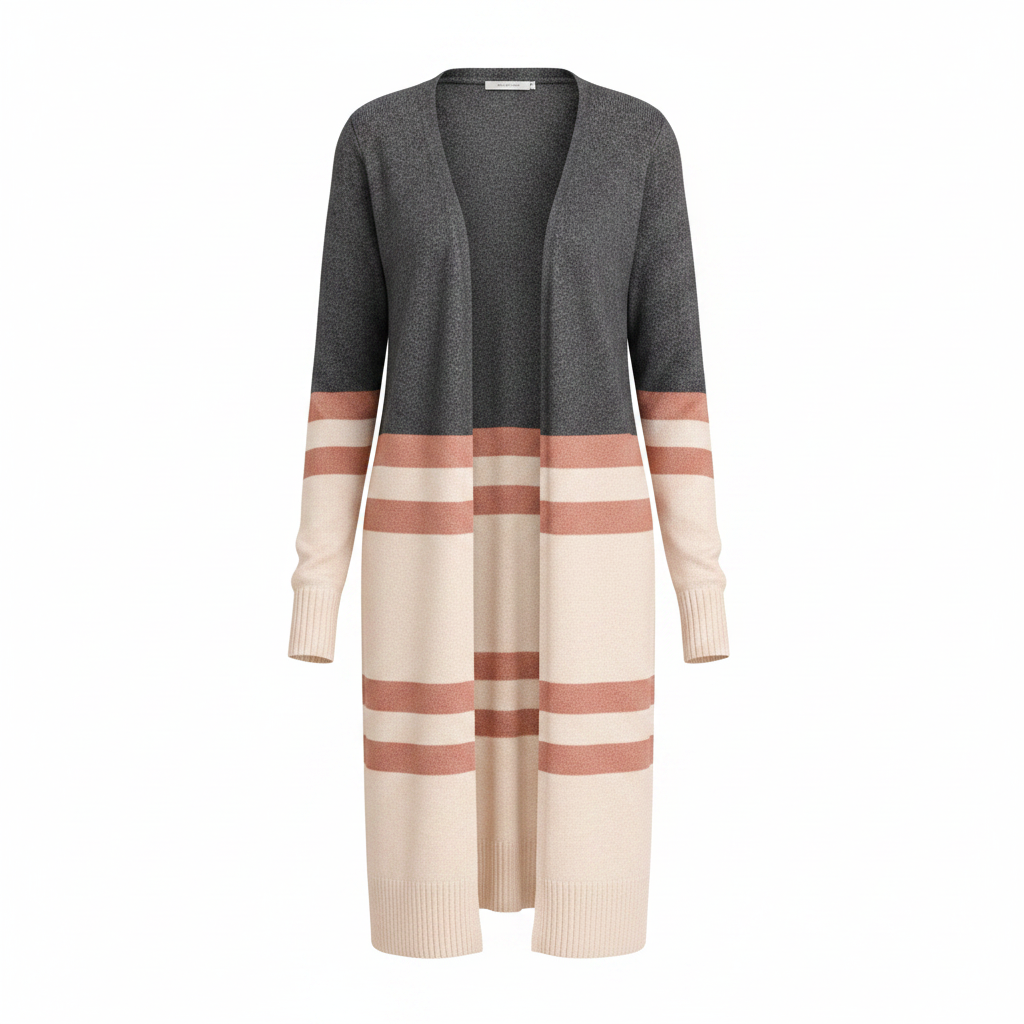 Women's cashmere color block cardigan front view, charcoal upper and cream lower knit, long open-front silhouette
