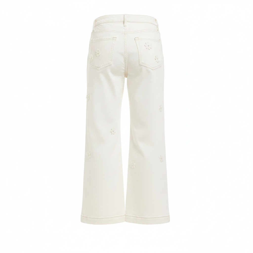 Women's ivory wide-leg jeans back view cuffed hem contrast stitch denim