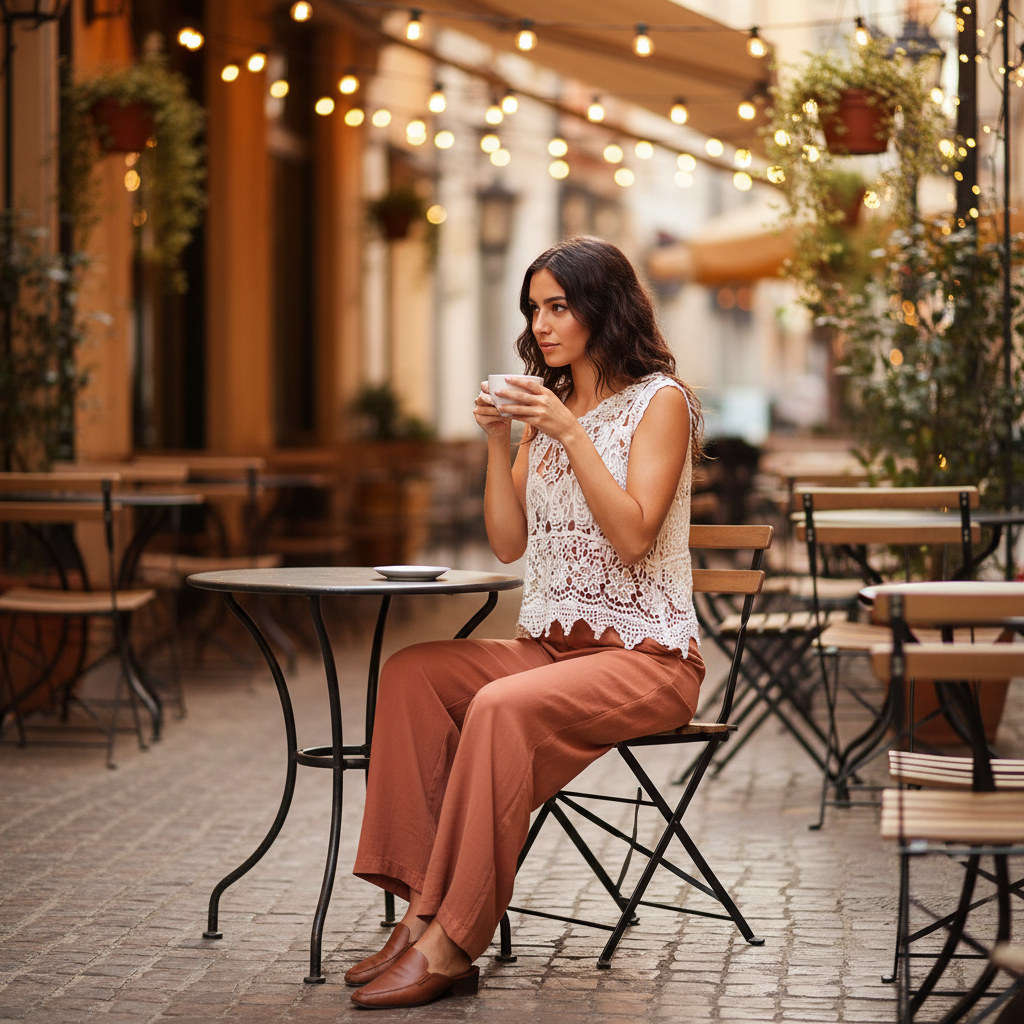 Women's off white crochet lace cropped top styled at outdoor café with wide-leg trousers boho look