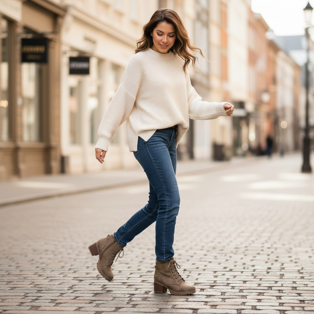 Women's taupe distressed lace-up ankle boot, sweater trim, block heel, walking on city cobblestone sidewalk