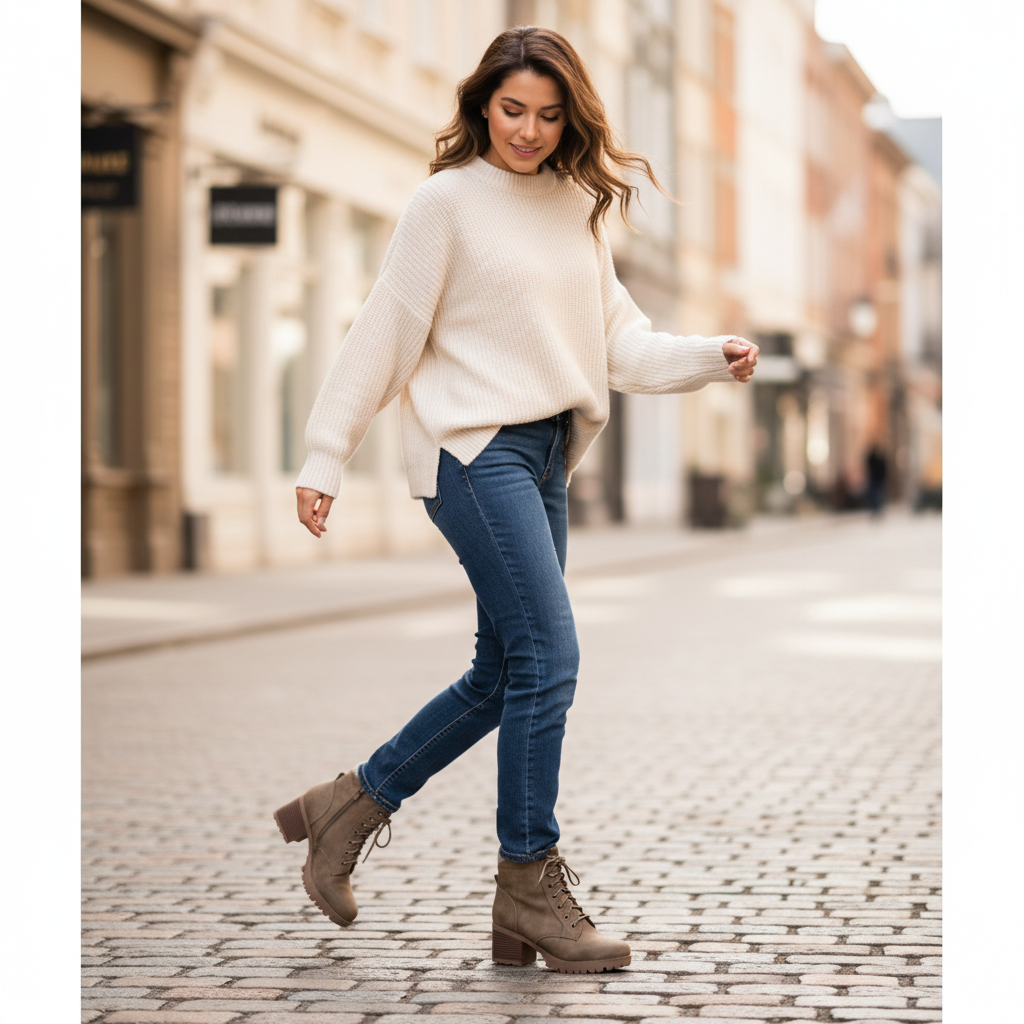 Women's taupe distressed lace-up ankle boot, sweater trim, block heel, walking on city cobblestone sidewalk