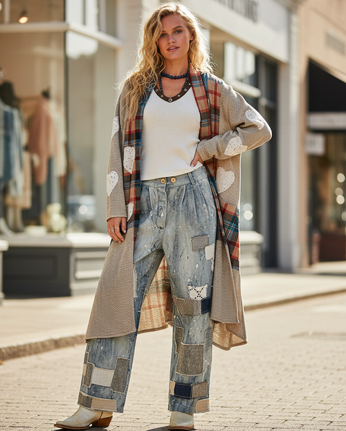 POL Clothing women's natural tan plaid patchwork longline duster coat with white eyelet lace hearts, boutique street style - BellanBlue