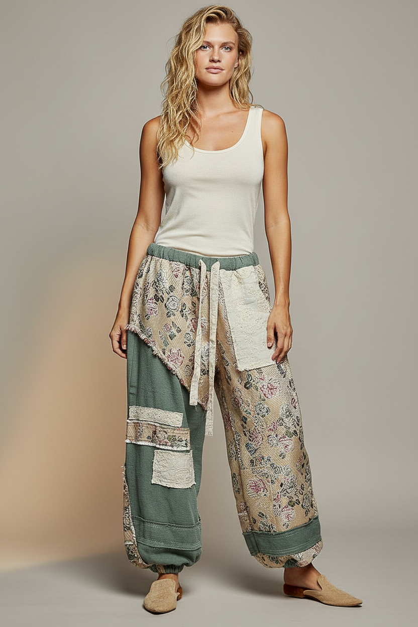 POL Patchwork Relaxed Fit Joggers in Seafoam Green - lifestyle image with bokeh