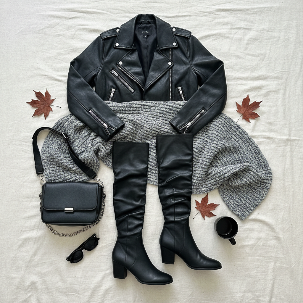 Flat lay of black over-the-knee boots with leather jacket and accessories edgy styling
