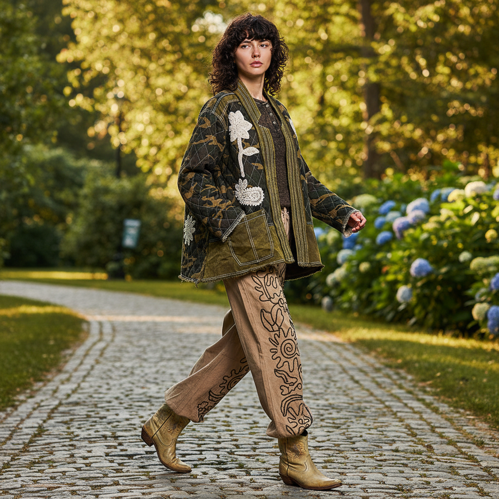 Women's olive camo quilted cotton jacket with floral lace patches, walking movement pose, outdoor garden setting