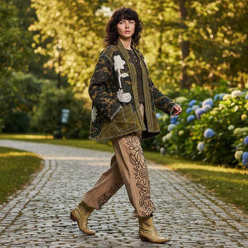 Women's olive camo quilted cotton jacket with floral lace patches, walking movement pose, outdoor garden setting