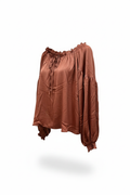 Terracotta ruffle off-shoulder blouse three-quarter angle view with ruffle neckline
